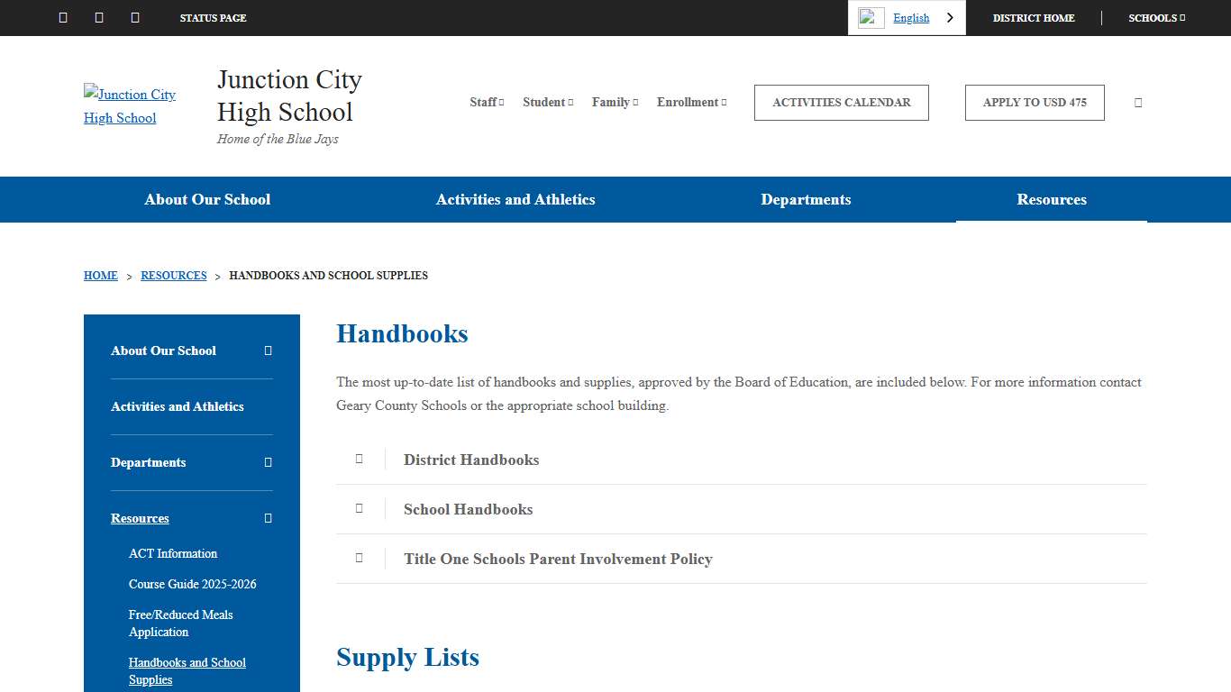 Handbooks and School Supplies - Junction City High School
