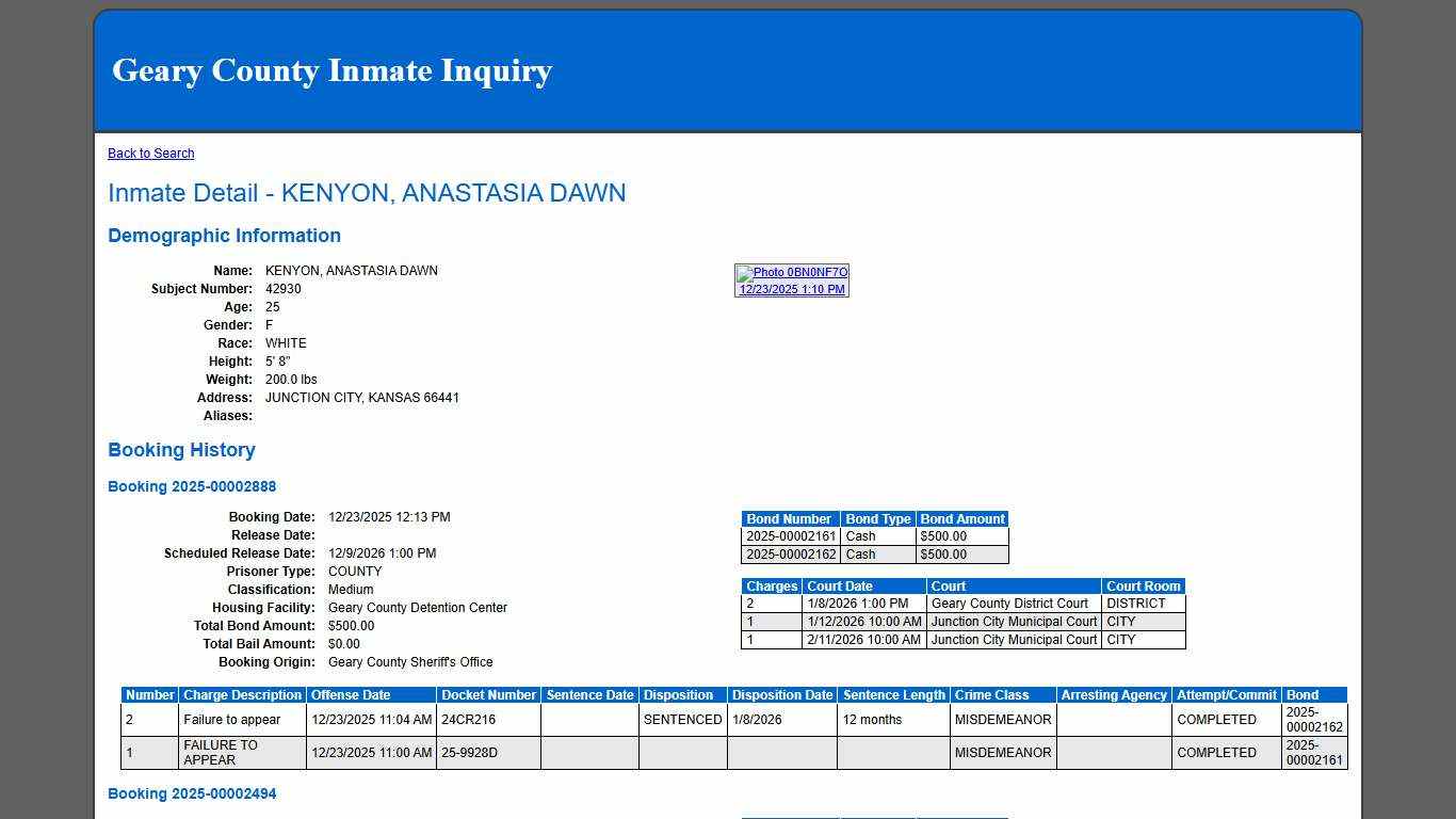 Inmate Detail - KENYON, ANASTASIA DAWN