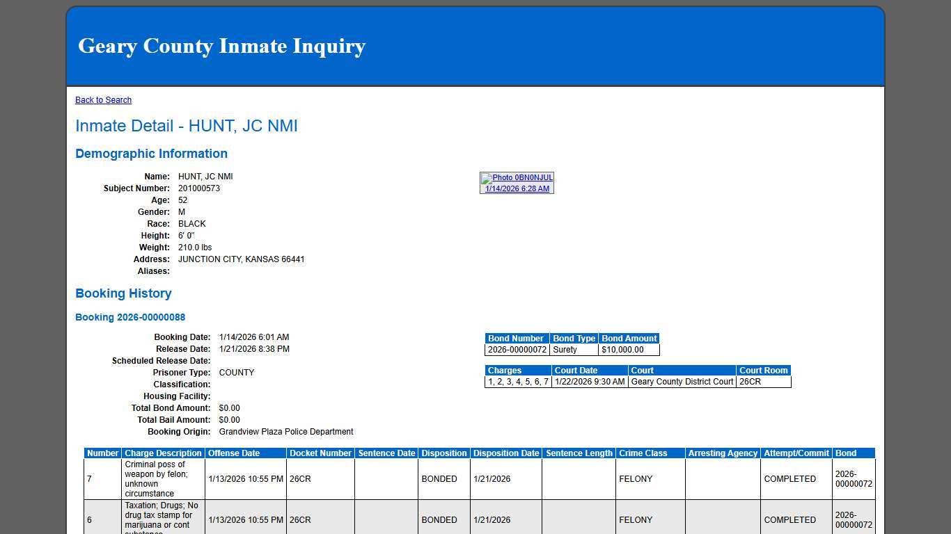 Inmate Detail - HUNT, JC NMI