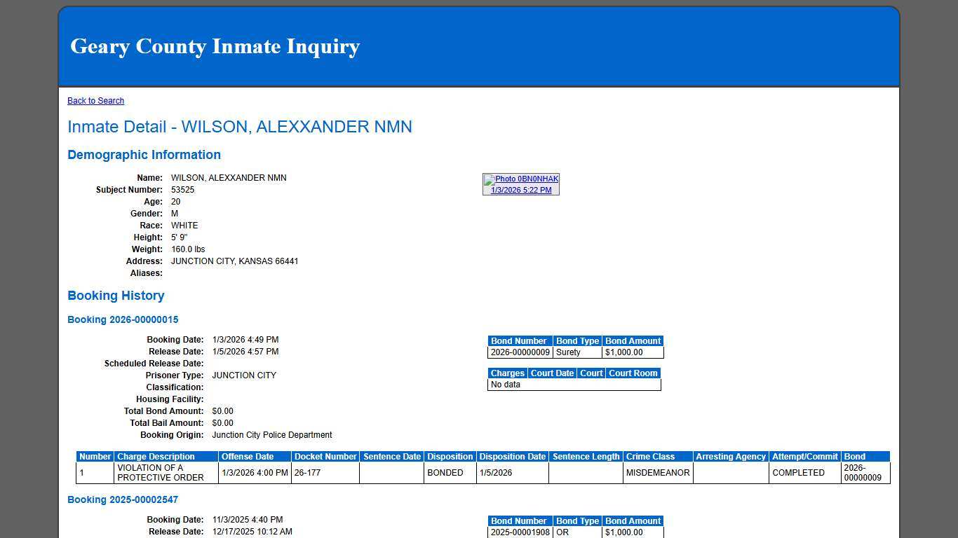 Inmate Detail - WILSON, ALEXXANDER NMN